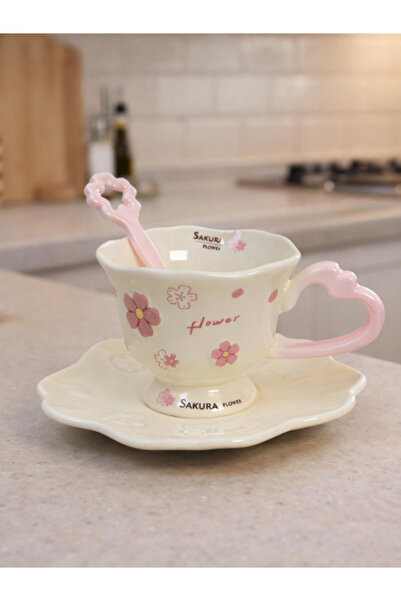 Bam Ceramic Mug with Flower Design and Spoon - Color Options Available