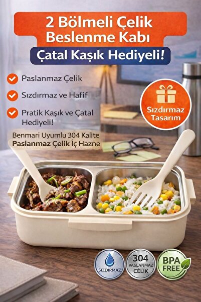 genel tr Krem Benmarili Paslanmaz Çelik Yemek Kabı 2 Bölmeli Beslenme Kabı Sa...