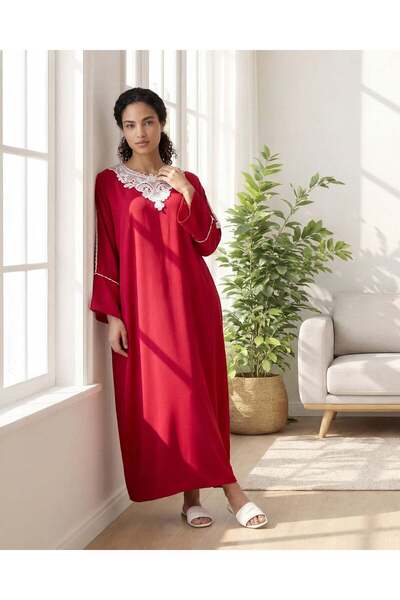 REDTAG جلابية نسائية حمراء مطرزة على طراز الكافتان
