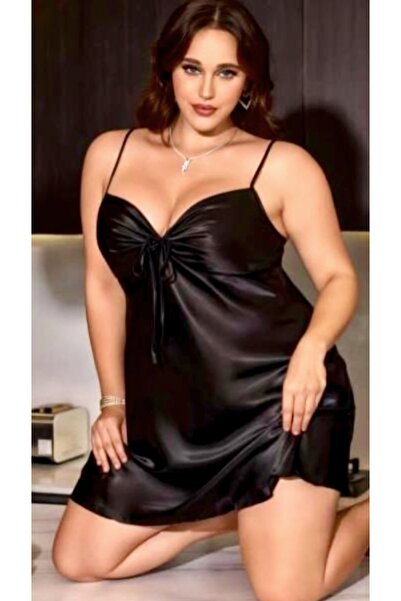 VİSATİN Women's Plus Size Black Satin Nightgown