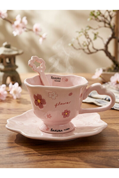 Bam Ceramic Mug with Flower Design and Spoon - Color Options Available