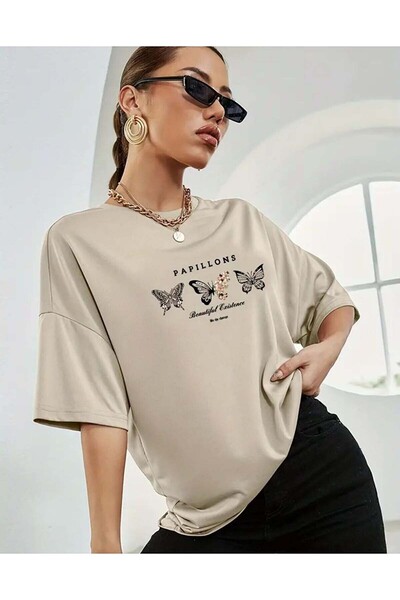 Trend Sizde Unisex Μπεζ μπλουζάκι με στάμπα πεταλούδας Papillons Daily Basic