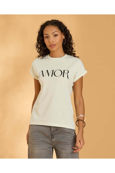 REDTAG Women Ivory Amor Printed T-Shirt
