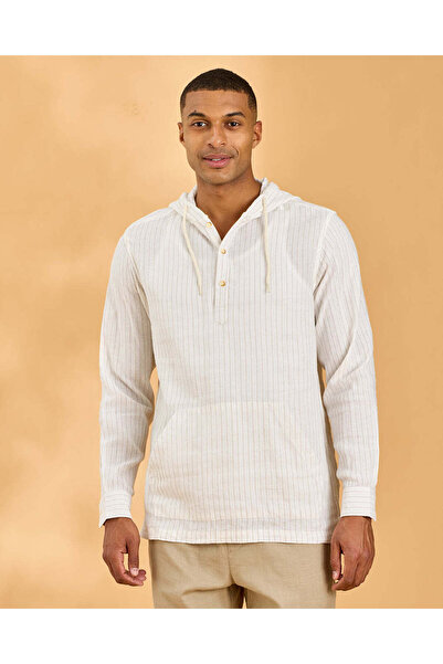 REDTAG Men White Striped Hooded Shirt