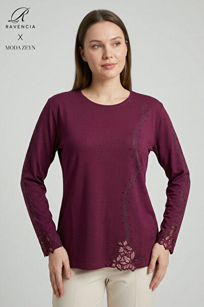 Ravencia Γυναικεία δαντελωτή μπλούζα με σχέδιο ριγέ, κεντημένη με πέτρες, με ...