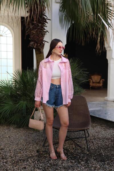 HOPEFUL DESİGN Women's Shirt with Mesh Detail, Oversized Blue and Pink