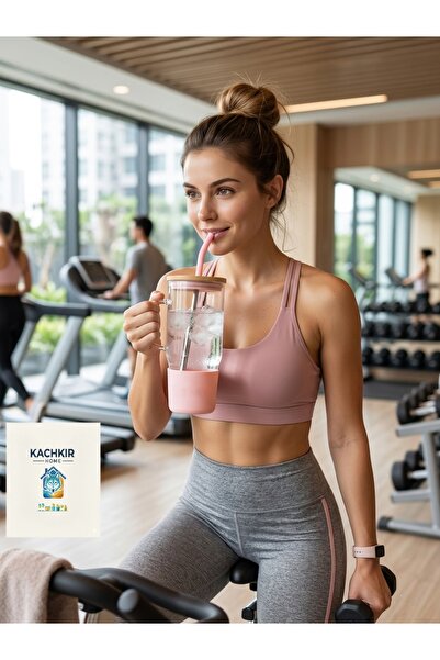 KACHKIRHOME Pipetli Bardak Kulplu Cam Spor Fit Rengini seç Pembe Lila Gri Siyah