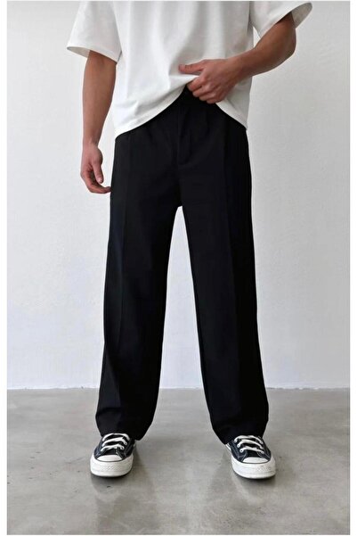 Ser Joven Ανδρικό μαύρο παντελόνι από ύφασμα με πιέτες, άνετη εφαρμογή και χα...