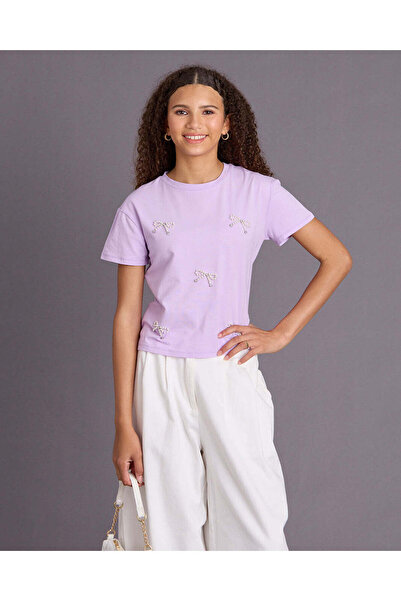 REDTAG Senior Girls Lilac Bow Detailed T-Shirt