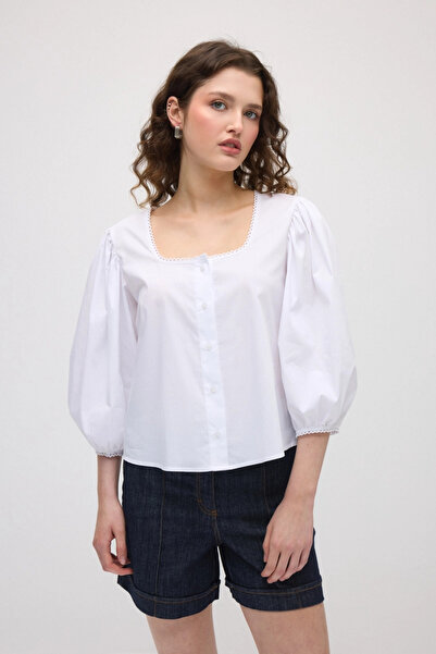 Gusto Square Collar Cotton Shirt - White