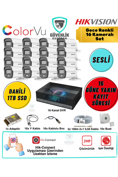 Hikvision Gece Renkli 16 Kameralı AHD Güvenlik Seti 2MP Sesli 1TB Dahili SSD ...
