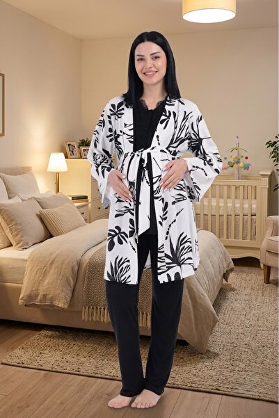 Pelin Women's Black Patterned Lace Detailed Maternity 3-Piece Pajama Set