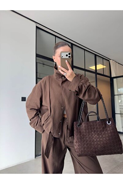 BB Bensu Buyruk Λινό μπουφάν με ζώνη, καφέ