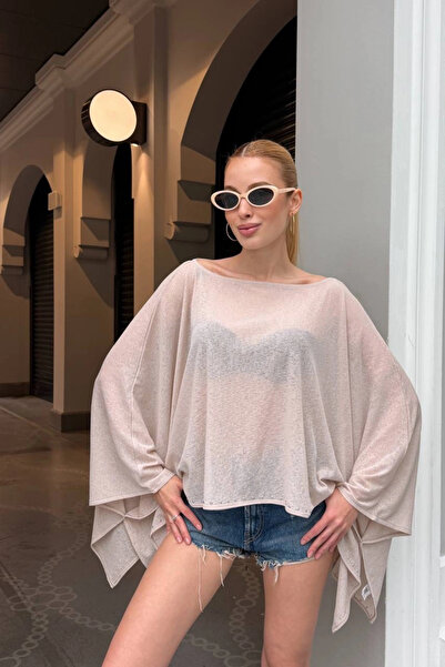 Lusin Γυναικεία μπλούζα με λεπτομέρειες από μπεζ πέτρα, διαφανής, με γιακά Ma...