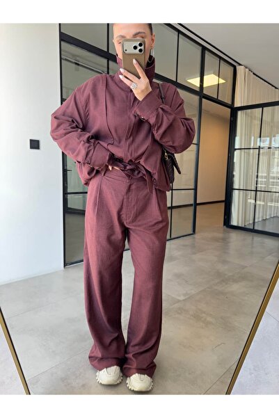 BB Bensu Buyruk Πλισέ λινό παντελόνι παλάτσο σε χρώμα μούρντουμ