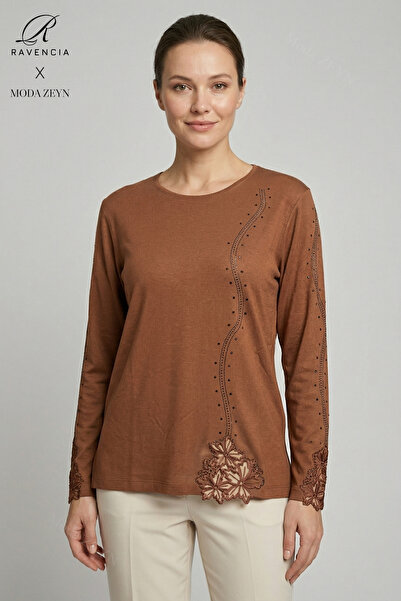 Ravencia Γυναικεία δαντελωτή μπλούζα με σχέδιο ριγέ, κεντημένη με πέτρες, με ...