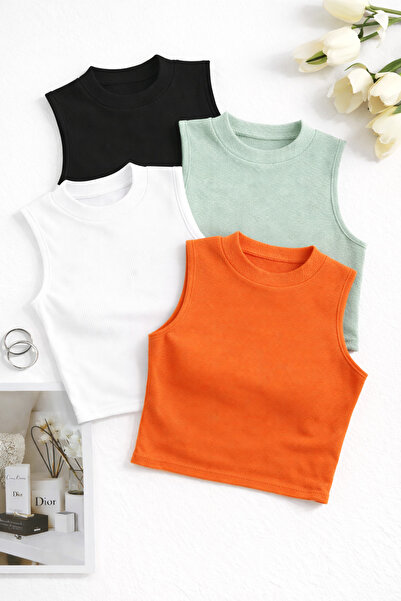 CATSPY Γυναικείο Σετ 4 τεμαχίων Crop Athlete Ριμπ Αμάνικη Βασική Μπλούζα – Κα...