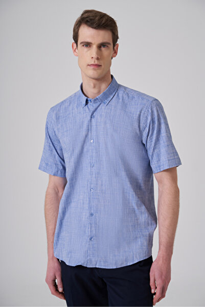 Morven Мъжка синя модерна риза с къс ръкав, стандартна кройка и яка с копчета