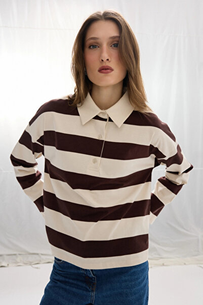 Gusto Polo Yaka Çizgili Pamuk Uzun Kollu Tshirt - Kahverengi