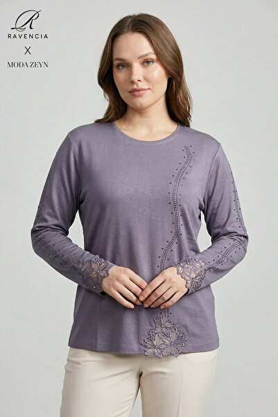 Ravencia Γυναικεία δαντελωτή μπλούζα με σχέδιο ριγέ, κεντημένη με πέτρες, με ...