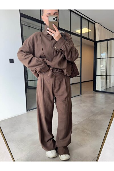 BB Bensu Buyruk Πλισέ λινό παντελόνι παλάτσο καφέ