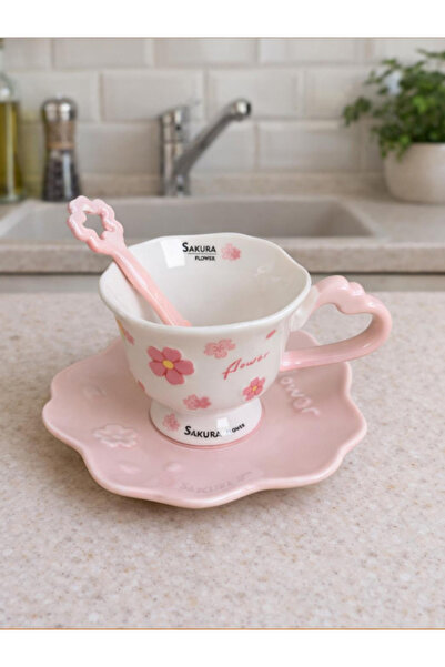 Bam Ceramic Mug with Flower Design and Spoon - Color Options Available