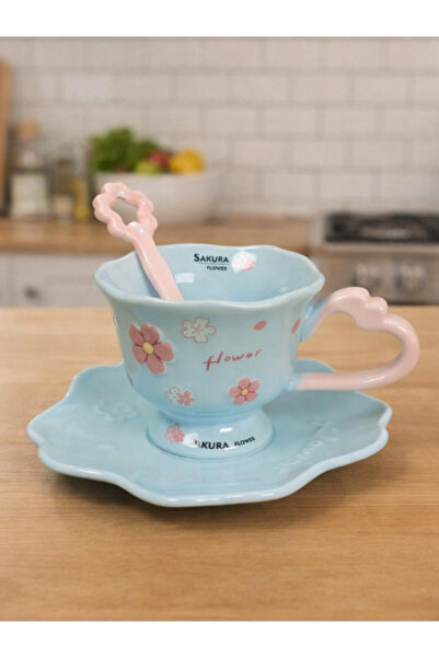 Bam Ceramic Mug with Flower Design and Spoon - Color Options Available