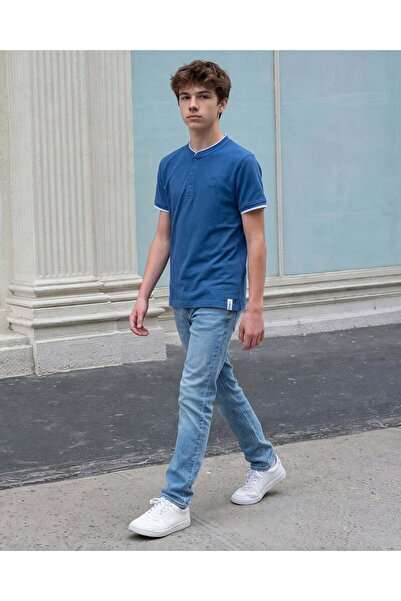 REDTAG Boys Blue Mandarin Collar T-shirt