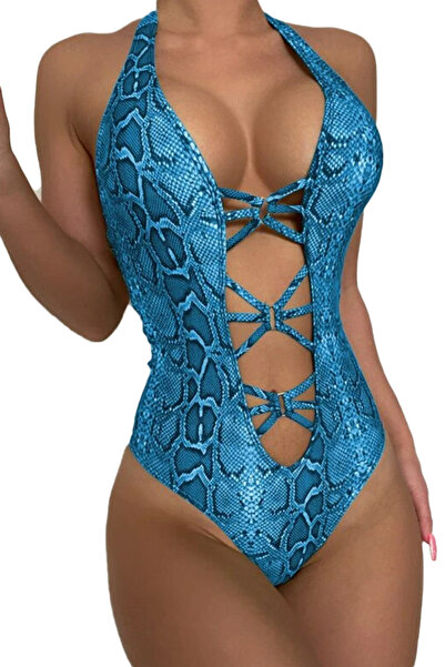 EFAYN.RO Women's swimsuit, one piece, animal snake print, blue, deep V neckli...