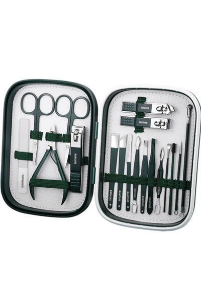 gaman 18 Piece Night Green Special Boxed Stainless Steel Manicure Pedicure Care Set with Glass File
