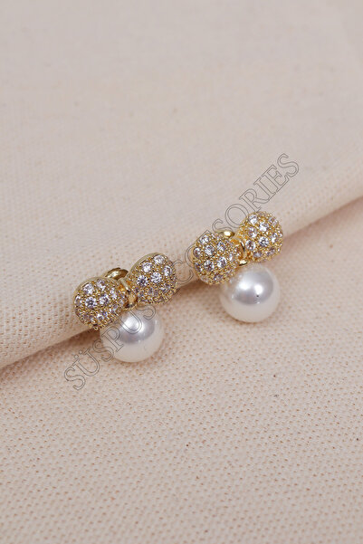 Süspüs Accessories Zircon Stone Bowknot Gold Pearl Earrings