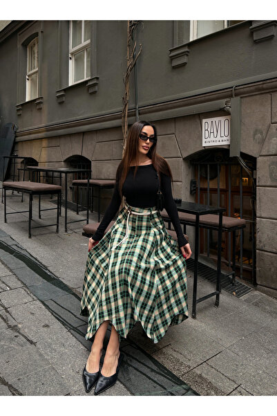 Fav Style Γυναικεία ψηλόμεση καρό ασύμμετρη μίντι φούστα με ζώνη σε πράσινο χ...