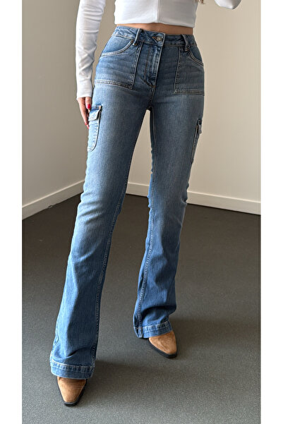 Narferita Beatrice Mavi Kargo Cepli Flare Jeans