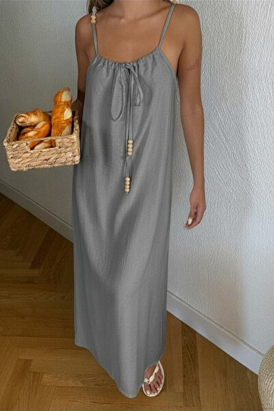 Nana & Mayka Moda Γυναικείο γκρι φόρεμα με λαιμόκοψη halter, μάξι με κορδόνια...