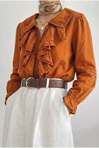 FEMELLE Γυναικεία πορτοκαλί μπλούζα με βολάν στο λαιμό