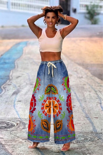 Nevin Kaya Moda Παντελόνι με έθνικ σχέδια και εμφάνιση τζιν