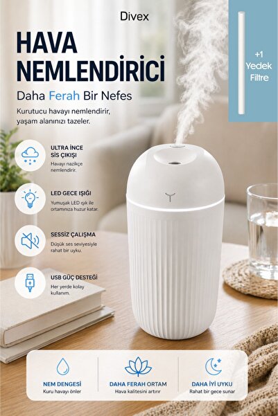 Divex Aromaterapi hava Nemlendirici Difüzör 420 ML, LED Gece Işıklı ve Sessiz...