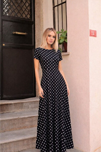 Kokosh moda Kadın Kısa Kollu Bisiklet Yaka Puantiye Desenli Maxi Boy Örme Kre...