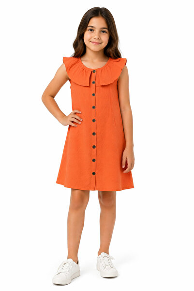İrem Çocuk Giyim Girl's Orange Color Dress with Button Closure on the Front a...