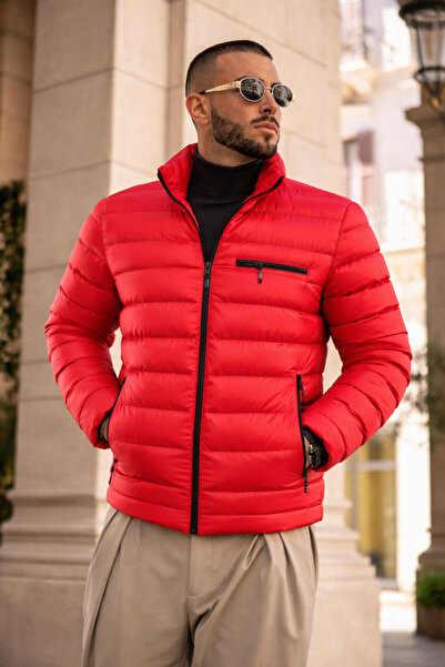 hacker Men's Daily Pocketed Basic Lined Red Puffer Coat