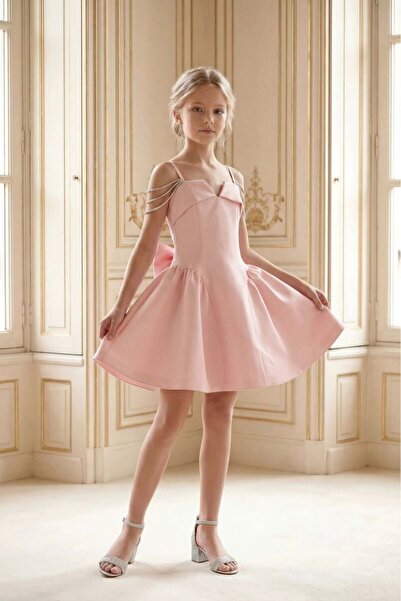 BUTİKHAPPYKİDS Βραδινό φόρεμα για κορίτσια, κοντό φόρεμα από κρεπ σε πούδρα, ...