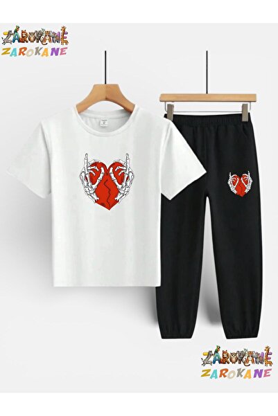 ZAROKANE Skeleton Heart Printed Top and Bottom Tracksuit/T-Shirt Two-Piece Ch...
