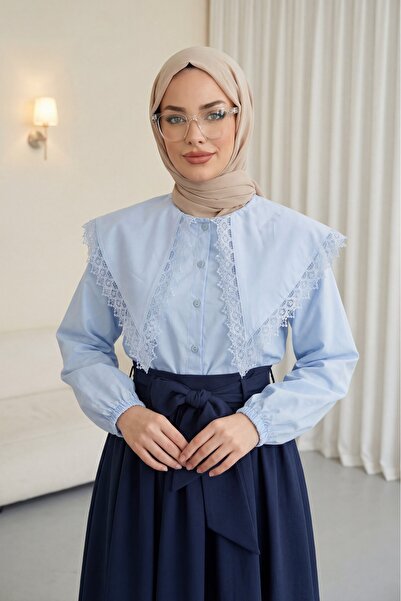 HİJABAYA Δαντελωτό πουκάμισο ποπλίνα με φαρδύ γιακά και ελαστικά μανίκια με κ...