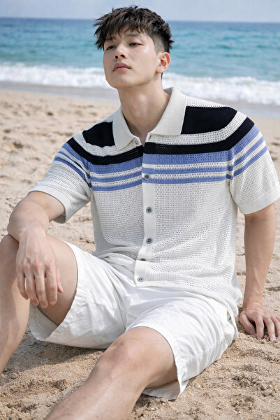 Tarz Cool قميص تريكو رجالي مخطط بياقة كارديجان صيفي بقصة مريحة