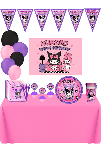 HAPPYLOOPPARTY Kuromi Banner and Birthday Party Decoration Set for 24 People