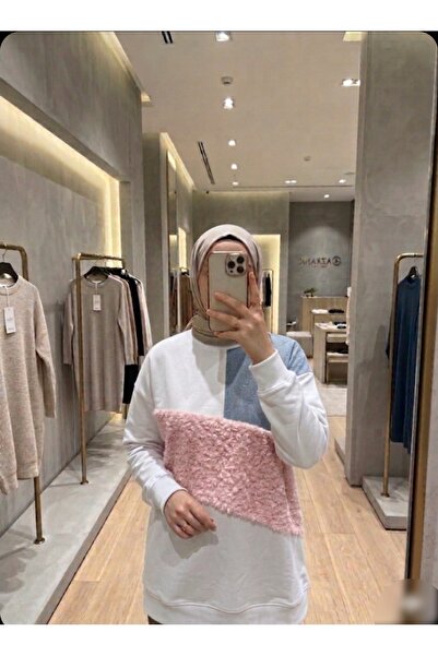 Azram Fashion Kadın peluş ve denim detaylı tunik
