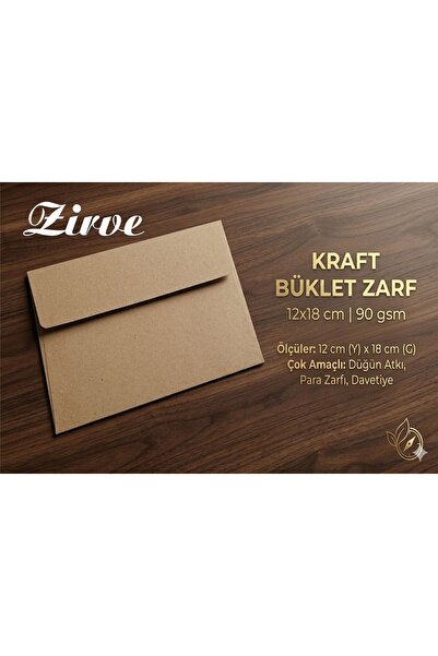 Zirve 12x18 cm 90 gr. Kraft Buklet Zarf (Düğün,Davetiye,Okul,Para,Atkı,Aidat,...
