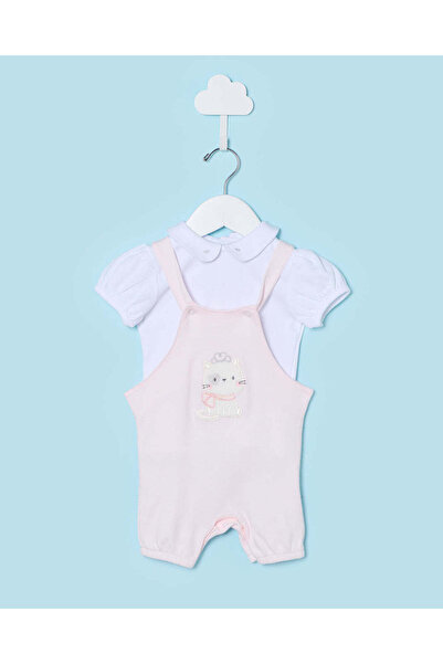 REDTAG Baby Pink And White Dungaree Set