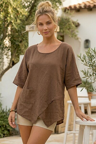 Chiccy Ανοιχτό καφέ χρώμα, κοντό μανίκι με τσέπες, κεντημένο, ασύμμετρο, λινό...