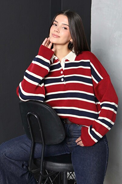TOFİSA Striped Polo Collar Knit Sweater Red - 27825-Red
